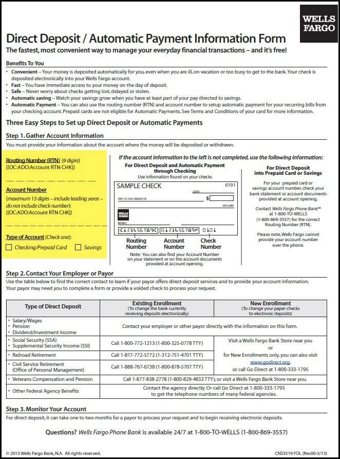 Wells Fargo Direct Deposit Form